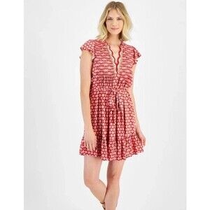 Nautica Jeans Women’s Crochet-Trim Flutter-Sleeve Short Dress, Red, L